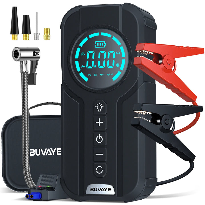 BUVAYE 4 in 1 Jump Starter Air Pump Portable Air Compressor Power Bank Lighting Car Battery Starters Starting Auto Tyre Inflator