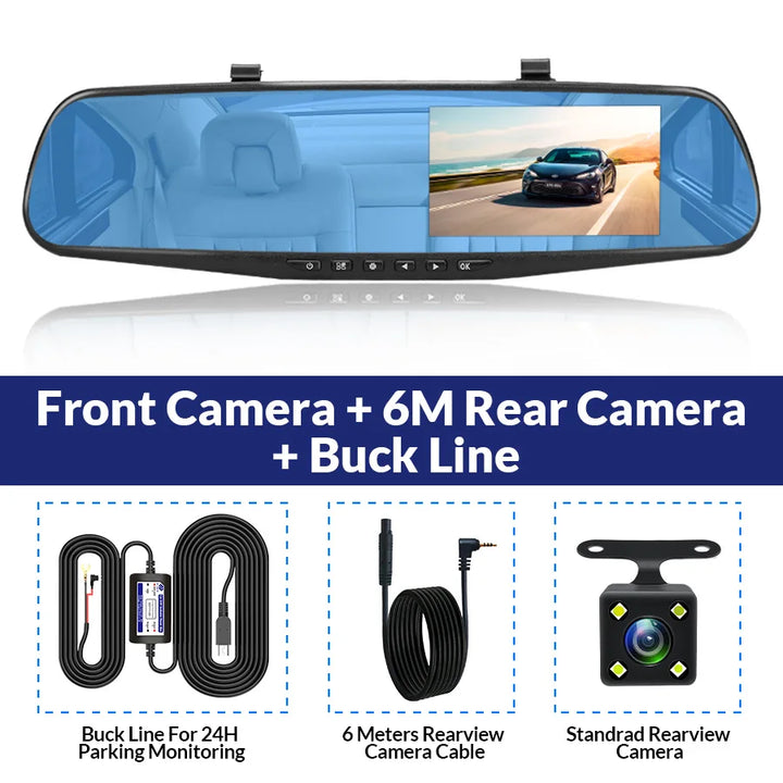 Dashcam 4.3Inch 1080P IPS Car DVR Driving Recorder  Rearview Mirror Dual Lens Car Recorder  Front and Rear Black Box