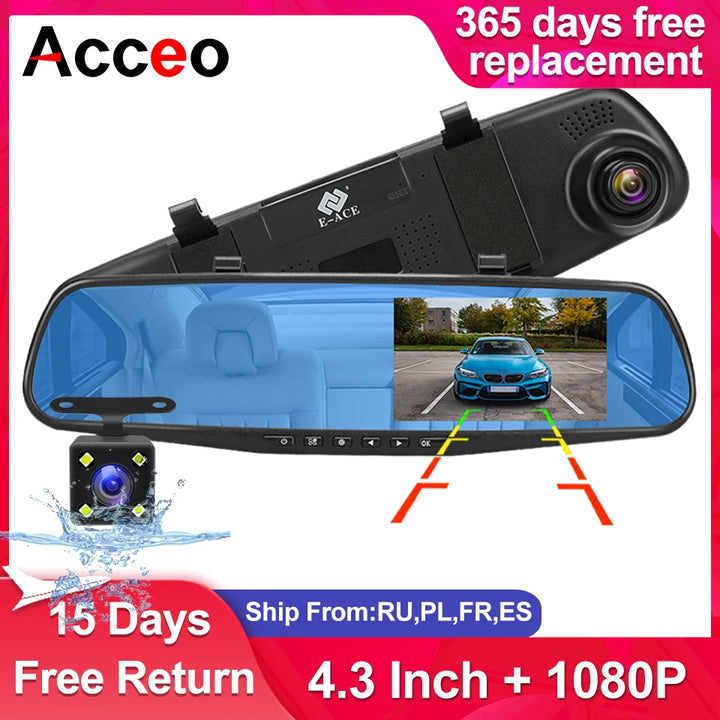 Dashcam 4.3Inch 1080P IPS Car DVR Driving Recorder  Rearview Mirror Dual Lens Car Recorder  Front and Rear Black Box