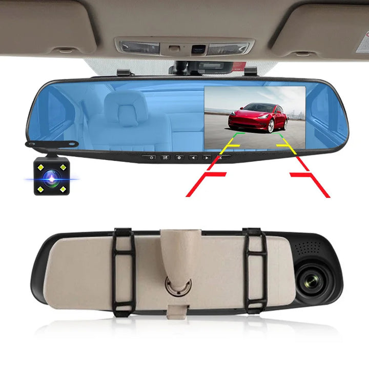 Dashcam 4.3Inch 1080P IPS Car DVR Driving Recorder  Rearview Mirror Dual Lens Car Recorder  Front and Rear Black Box