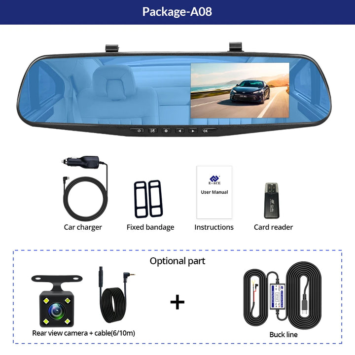 Dashcam 4.3Inch 1080P IPS Car DVR Driving Recorder  Rearview Mirror Dual Lens Car Recorder  Front and Rear Black Box