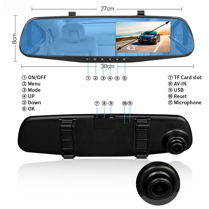 Dashcam 4.3Inch 1080P IPS Car DVR Driving Recorder  Rearview Mirror Dual Lens Car Recorder  Front and Rear Black Box