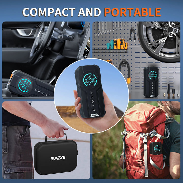 BUVAYE 4 in 1 Jump Starter Air Pump Portable Air Compressor Power Bank Lighting Car Battery Starters Starting Auto Tyre Inflator